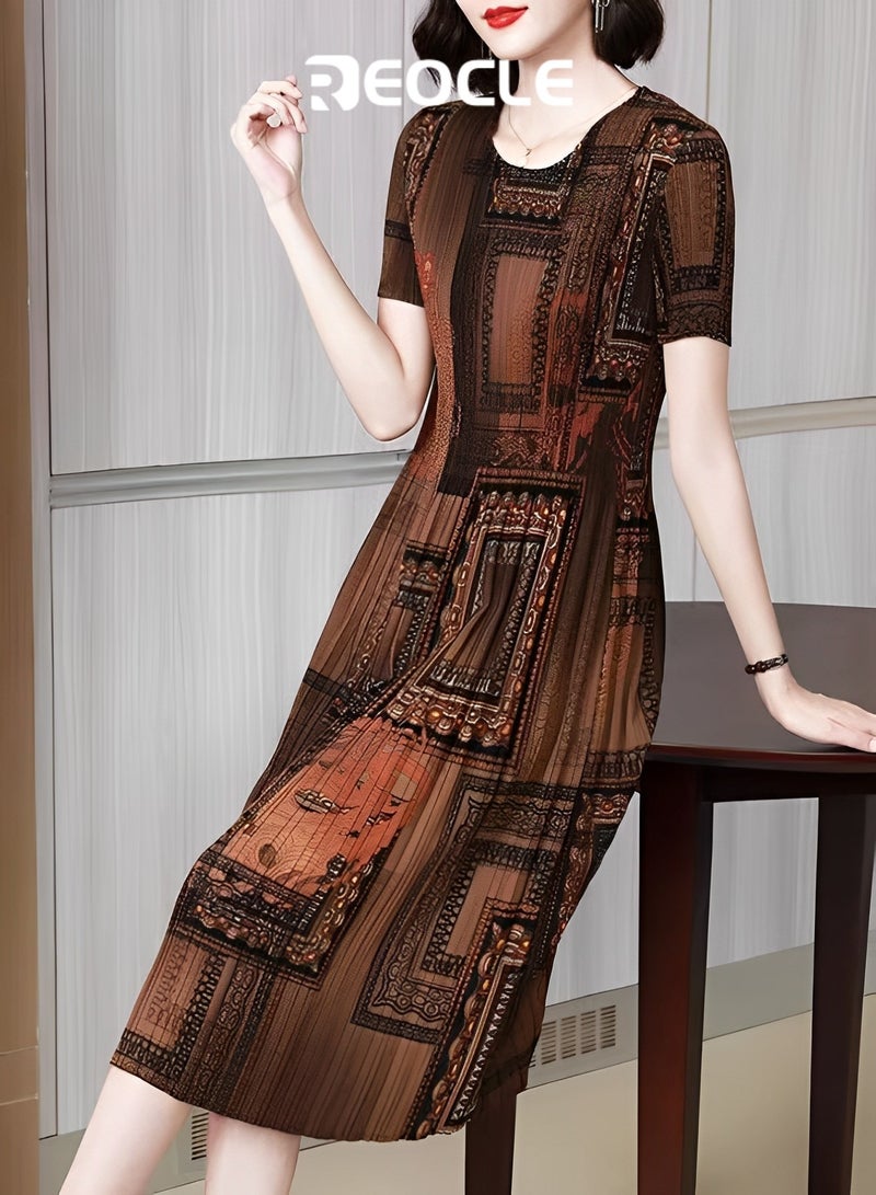 REOCLE New Large Size Retro Dress Summer Korean Style Fashion Slim Skirt Round Neck Casual Printed Dress Women's Trend - Image 2