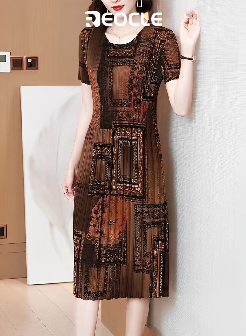 REOCLE New Large Size Retro Dress Summer Korean Style Fashion Slim Skirt Round Neck Casual Printed Dress Women's Trend - Image 3