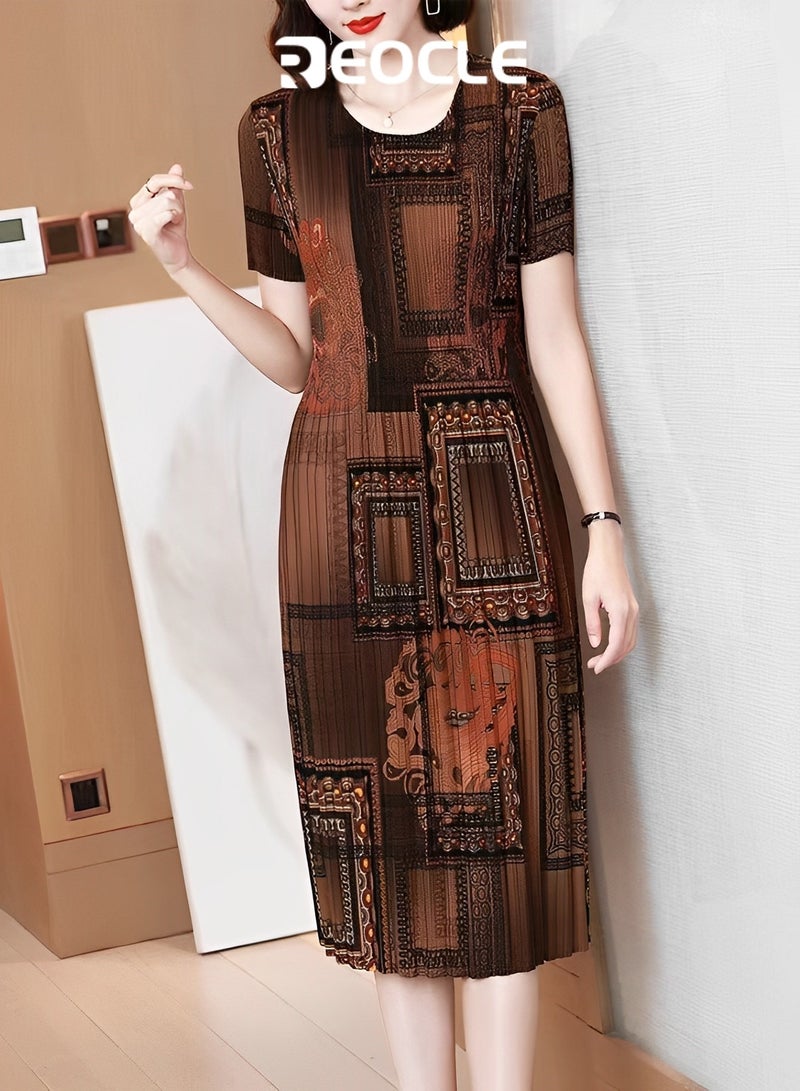 REOCLE New Large Size Retro Dress Summer Korean Style Fashion Slim Skirt Round Neck Casual Printed Dress Women's Trend - Image 4
