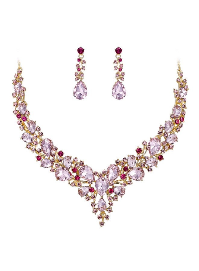 بريلوف طقم مجوهرات للنساء من عقد وأقراط على شكل دمعة من الكريستال النمساوي، طقم أقراط متدلي على شكل دمعة من الذهب الوردي - Image 1