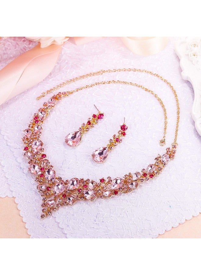 بريلوف طقم مجوهرات للنساء من عقد وأقراط على شكل دمعة من الكريستال النمساوي، طقم أقراط متدلي على شكل دمعة من الذهب الوردي - Image 4