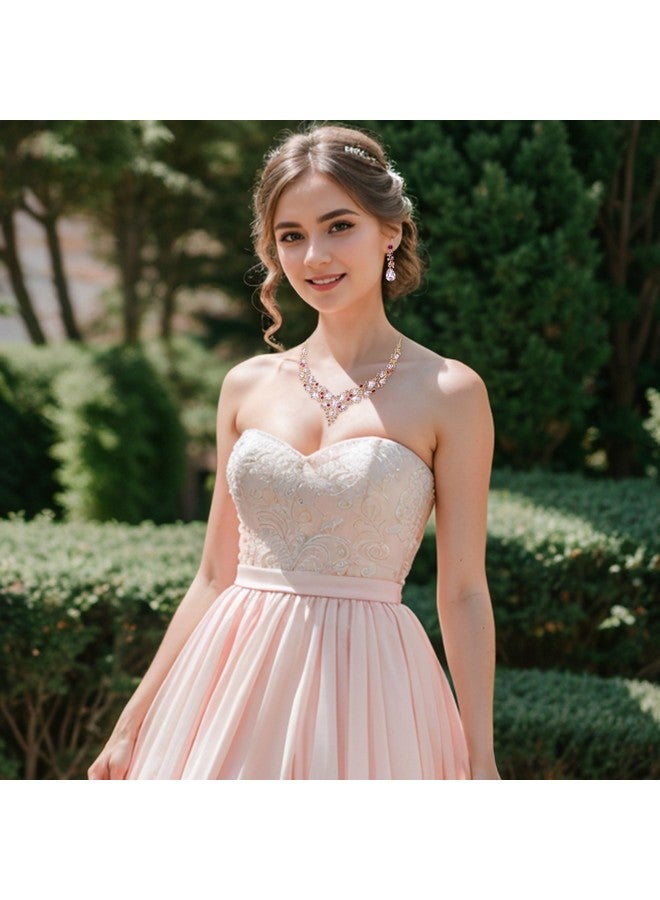 بريلوف طقم مجوهرات للنساء من عقد وأقراط على شكل دمعة من الكريستال النمساوي، طقم أقراط متدلي على شكل دمعة من الذهب الوردي - Image 3