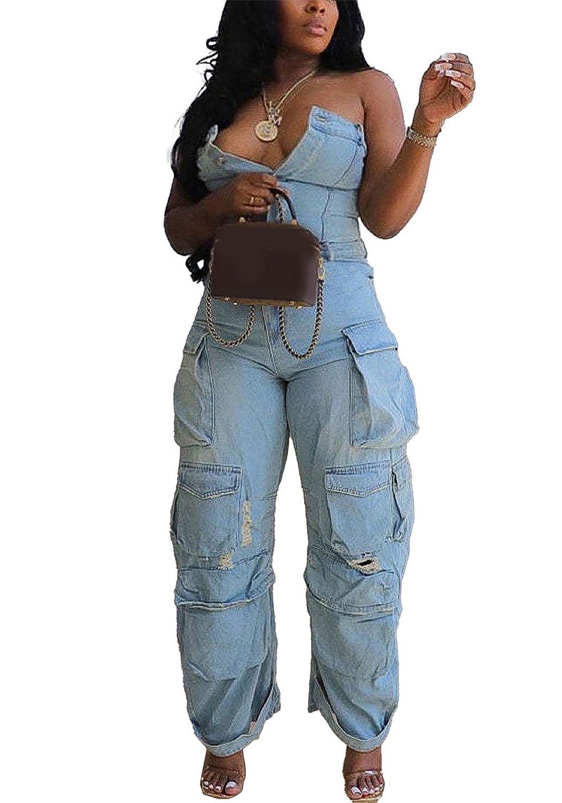 LKOUS Casual Cargo Denim Jumpsuit for Women, Elastic Stretch Multi Pockets Button Down Straight Leg Jeans Jumpsuits - Image 1