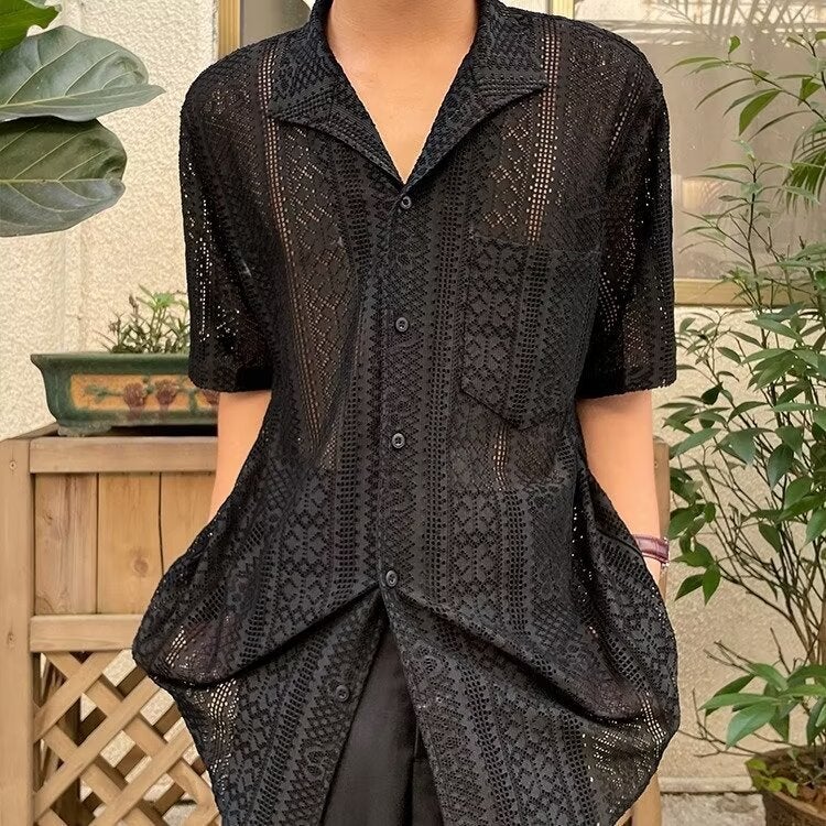 American Style Retro Niche Design Sense Cuban Collar Hollow Short Sleeve Shirt Mens and Womens Loose Casual Thin Breathable Shirt Black