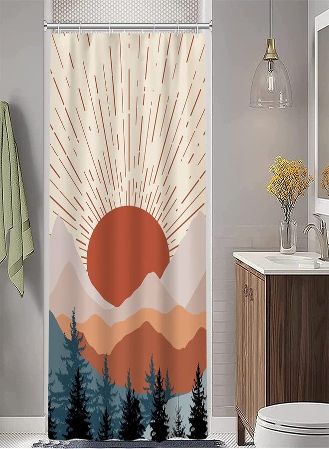 Ruelvth Stall Shower Curtain, Mid Century Boho Sunrise Small Shower Curtain Waterproof Abstract Terracotta Mountain Forest Narrow Shower Curtain Set with Hooks, 36x72 Inch - Image 1