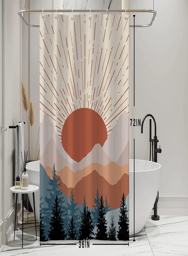 Ruelvth Stall Shower Curtain, Mid Century Boho Sunrise Small Shower Curtain Waterproof Abstract Terracotta Mountain Forest Narrow Shower Curtain Set with Hooks, 36x72 Inch - Image 2