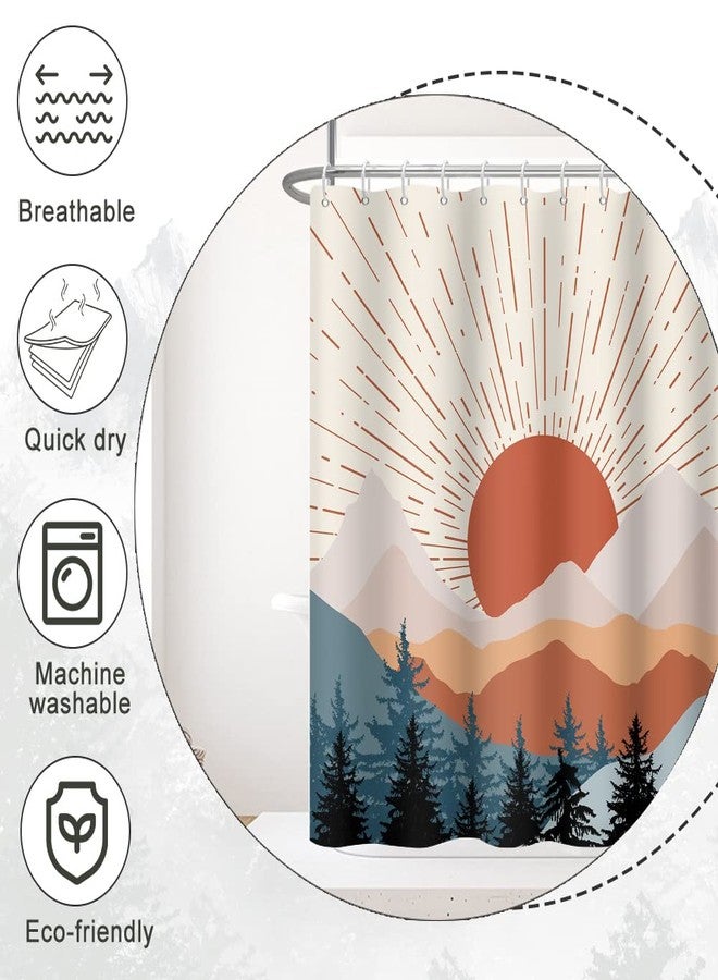 Ruelvth Stall Shower Curtain, Mid Century Boho Sunrise Small Shower Curtain Waterproof Abstract Terracotta Mountain Forest Narrow Shower Curtain Set with Hooks, 36x72 Inch - Image 4