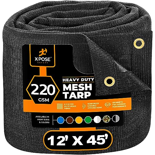 xpose safety Xpose Safety Heavy Duty Mesh Tarp  12 x 45 Multipurpose Black Protective Cover with Air Flow  Use for Tie Downs Shade Fences Canopies Dump Trucks  Tear Resistant 