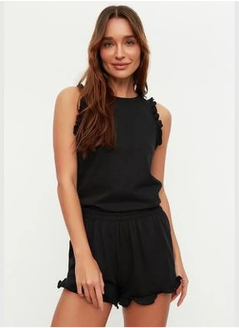 trendyol Black Ruffle Detailed Cotton Singlet-Shorts, Knitted Pajamas Set.