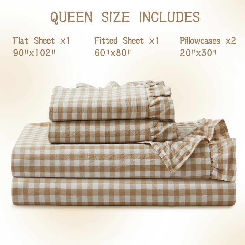 KKJIAF 4 Pieces Plaid Ruffle Queen Bed Sheets, Cotton Gingham Queen Bed Sheet Set Linen Feel Comfy Breathable Ruffed Plaid Bed Sheets with 16 Inch Deep Pocket, Taupe - Image 3