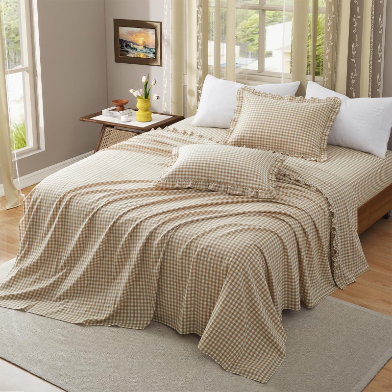 KKJIAF 4 Pieces Plaid Ruffle Queen Bed Sheets, Cotton Gingham Queen Bed Sheet Set Linen Feel Comfy Breathable Ruffed Plaid Bed Sheets with 16 Inch Deep Pocket, Taupe - Image 2
