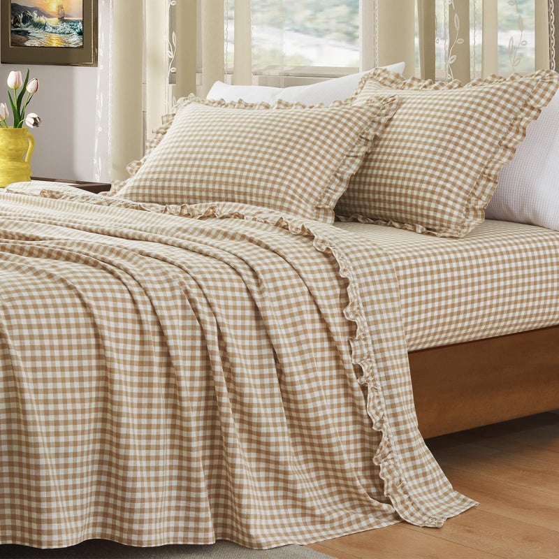 KKJIAF 4 Pieces Plaid Ruffle Queen Bed Sheets, Cotton Gingham Queen Bed Sheet Set Linen Feel Comfy Breathable Ruffed Plaid Bed Sheets with 16 Inch Deep Pocket, Taupe - Image 1