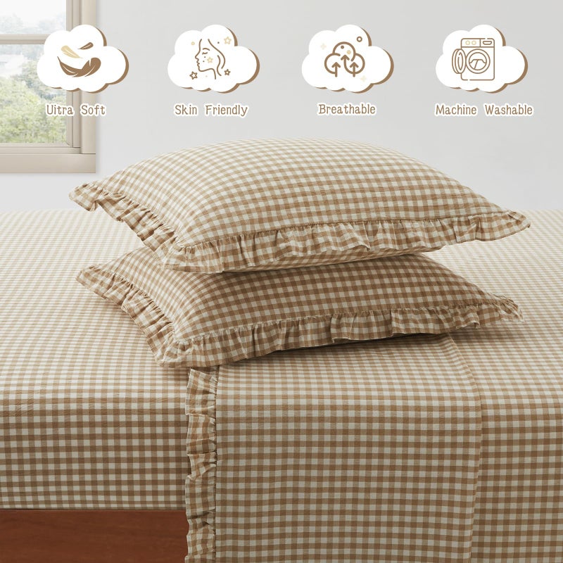 KKJIAF 4 Pieces Plaid Ruffle Queen Bed Sheets, Cotton Gingham Queen Bed Sheet Set Linen Feel Comfy Breathable Ruffed Plaid Bed Sheets with 16 Inch Deep Pocket, Taupe - Image 4
