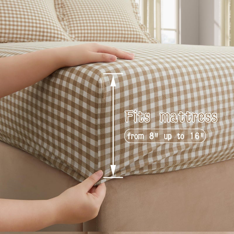 KKJIAF 4 Pieces Plaid Ruffle Queen Bed Sheets, Cotton Gingham Queen Bed Sheet Set Linen Feel Comfy Breathable Ruffed Plaid Bed Sheets with 16 Inch Deep Pocket, Taupe - Image 5