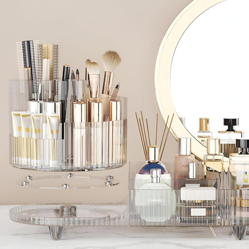 Rotating Vanity Storage - Optimize your beauty routine with a crystal-clear acrylic organizer that holds makeup brushes, lipsticks, and skincare items, designed for easy transportation and access.