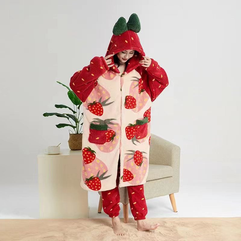 Coral Velvet Nightgown, Cute Pajamas, Home Clothes, Long Thickened Strawberry Donald Duck New Models - Image 2