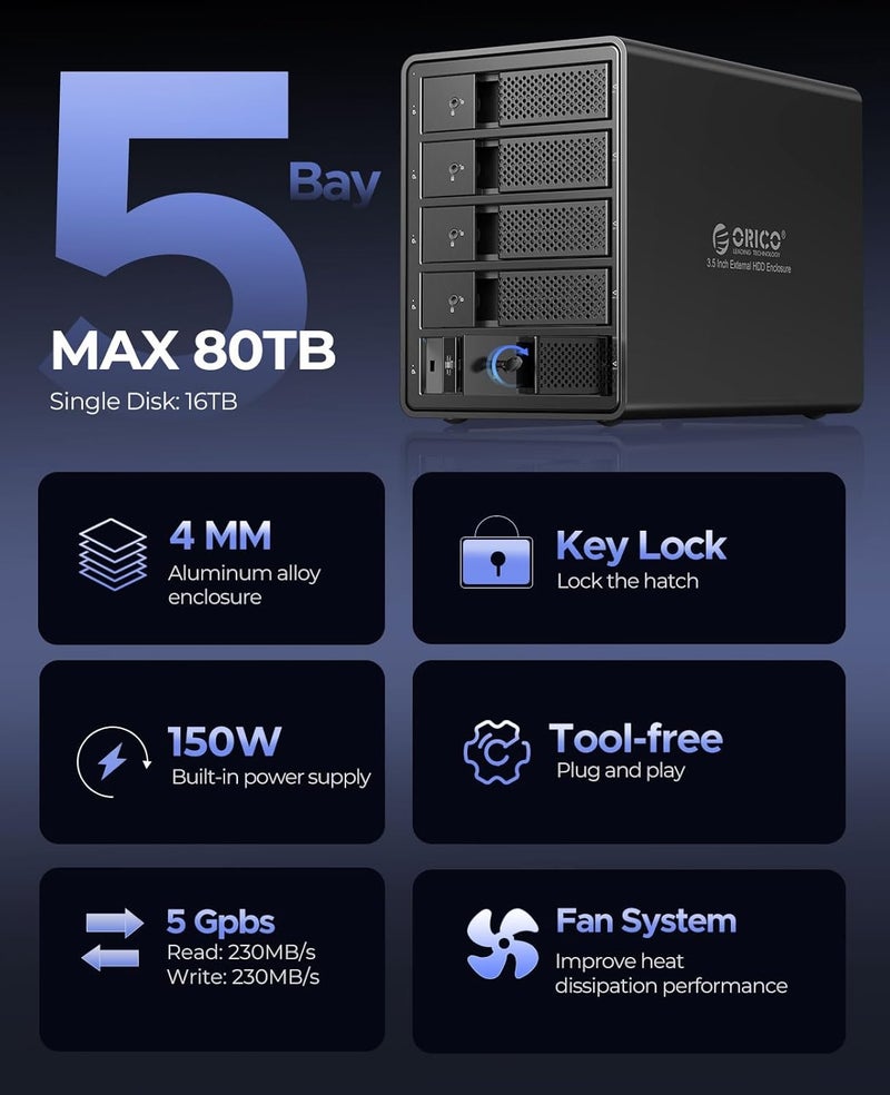 Orico 5 Bay USB 3.0 3.5 inch External Hard Drive Enclosure Support 80TB (5 x 16TB) Aluminum Alloy HDD Enclosure with Fan / 150W / UASP Disk Data Storage (No RAID) - Image 4
