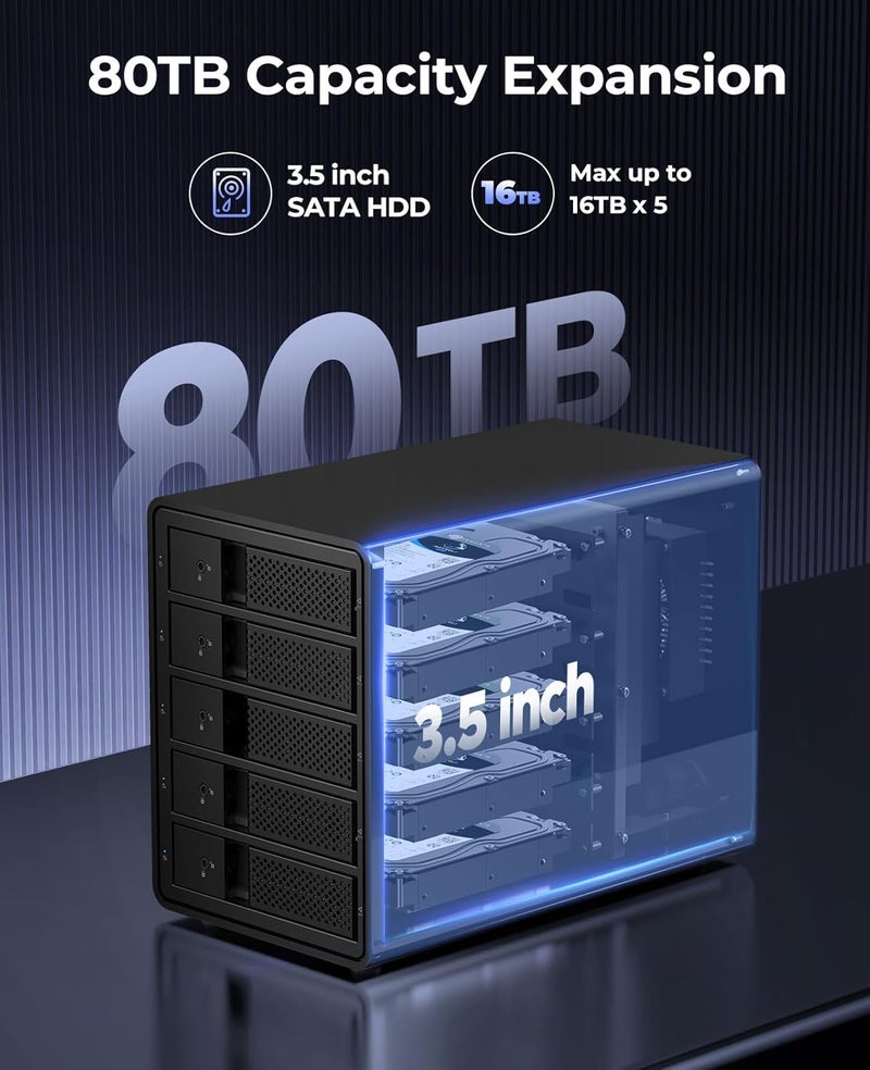 Orico 5 Bay USB 3.0 3.5 inch External Hard Drive Enclosure Support 80TB (5 x 16TB) Aluminum Alloy HDD Enclosure with Fan / 150W / UASP Disk Data Storage (No RAID) - Image 2