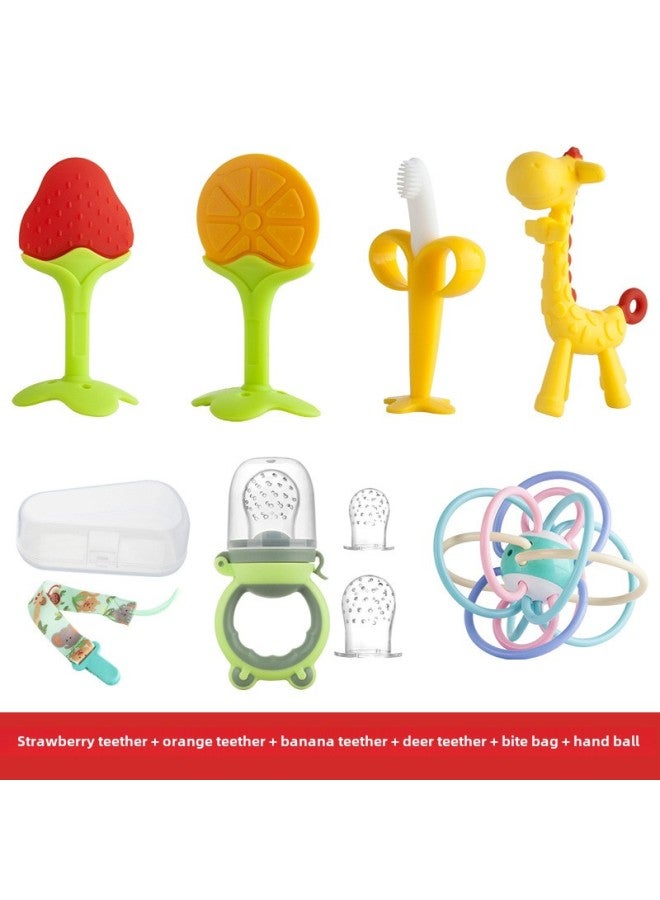 Bite Baby Teether Stick Teether Toy Giraffe Manhattan Hand Ball Baby Music Fruit And Vegetable Silicone 6 Months-Color:Hand Ball + Banana + Deer + Strawberry + Orange + Bite + Mesh Bag + Anti-drop C - Image 1