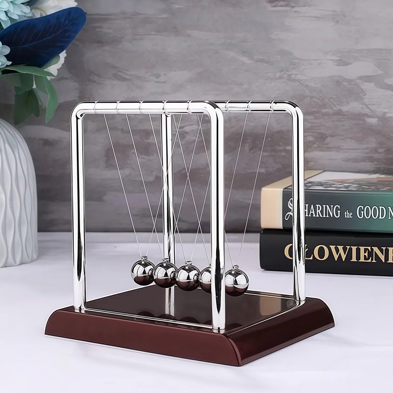 Yoqanr Newton's Cradle with 5 Steel Balls, Balance Pendulum for Physics Learning, Home & Office Decor, Stress Relief Educational Gift (Deep Red Base) - Image 2