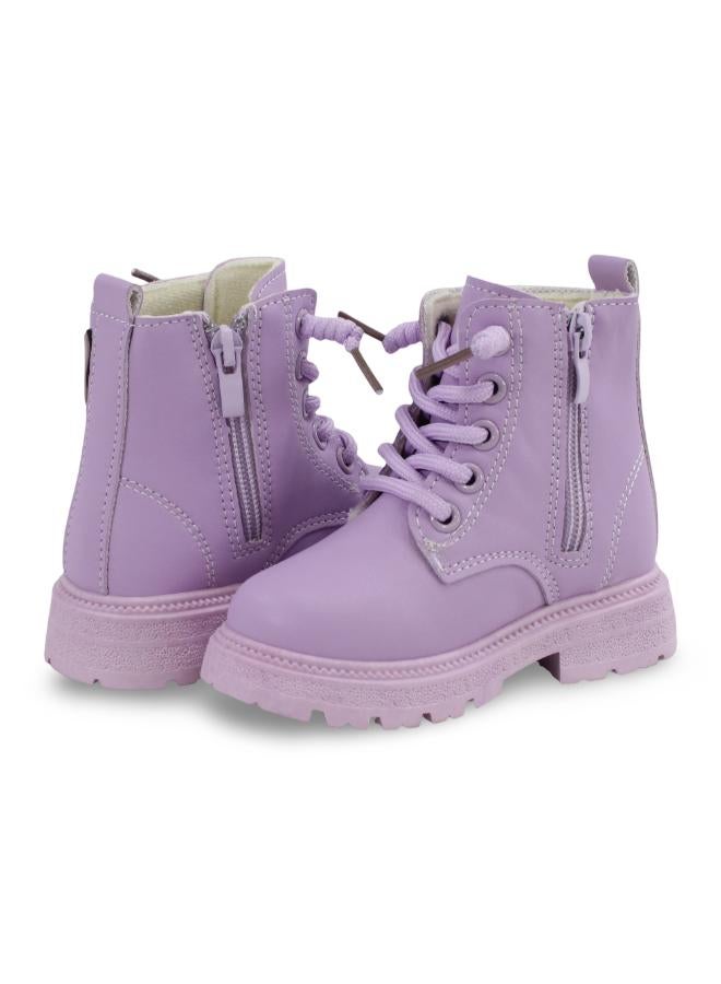 Baby Girls Leather Half Boots – Purple with Stitch Design - Image 2