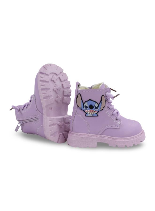 Baby Girls Leather Half Boots – Purple with Stitch Design - Image 3