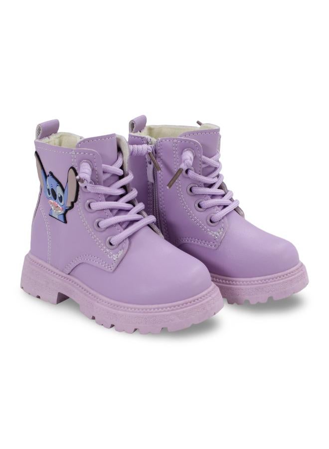 Baby Girls Leather Half Boots – Purple with Stitch Design - Image 1