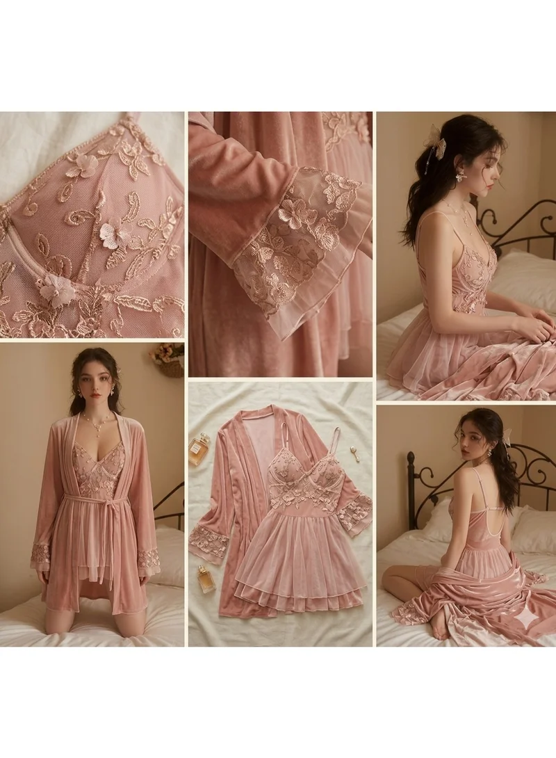 Caprisious  Luxe Velvet & Lace Pajama Set with Floral Embroidery – 2-Piece Nightgown and Robe for Women | Best Price UAE