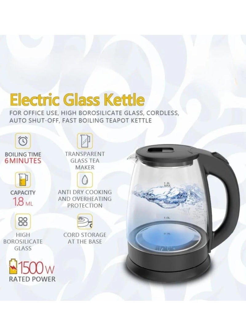 Denx Electric Glass Kettle with 1.8L Capacity and 1500W Power, Fast Boiling - Image 1