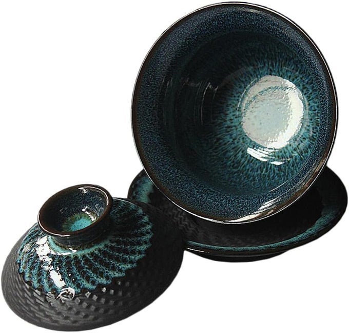 KILN GLAZED CERAMIC JIANZHAN TEACUP KUNG FU TEA CUP AND SAUCER WITH LID 5 OZ SANCAI GAIWAN