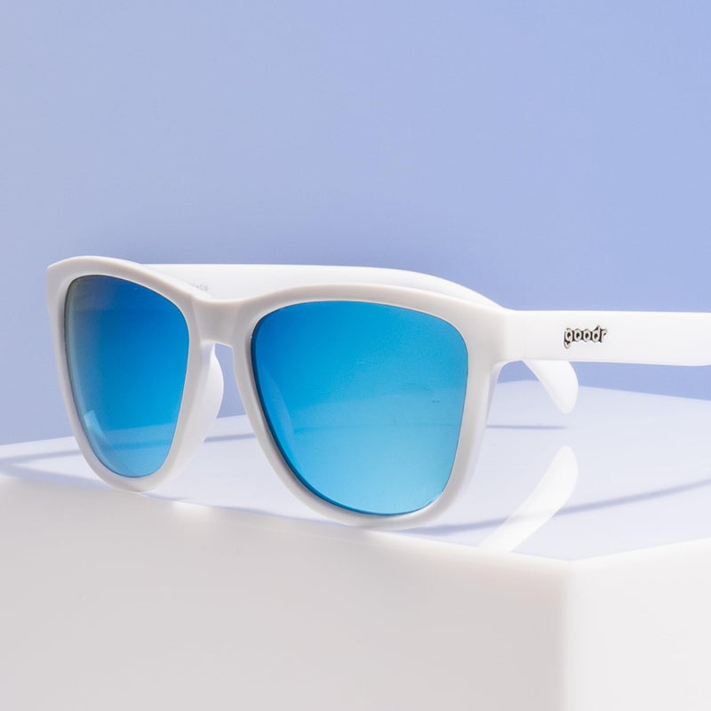 goodr Iced By Yetis Polarized Sunglasses, Medium Sized (OG), White Solid Frame with Blue Mirrored Reflective Lens, UV400 Protection, No Slip, No Bounce - Image 3