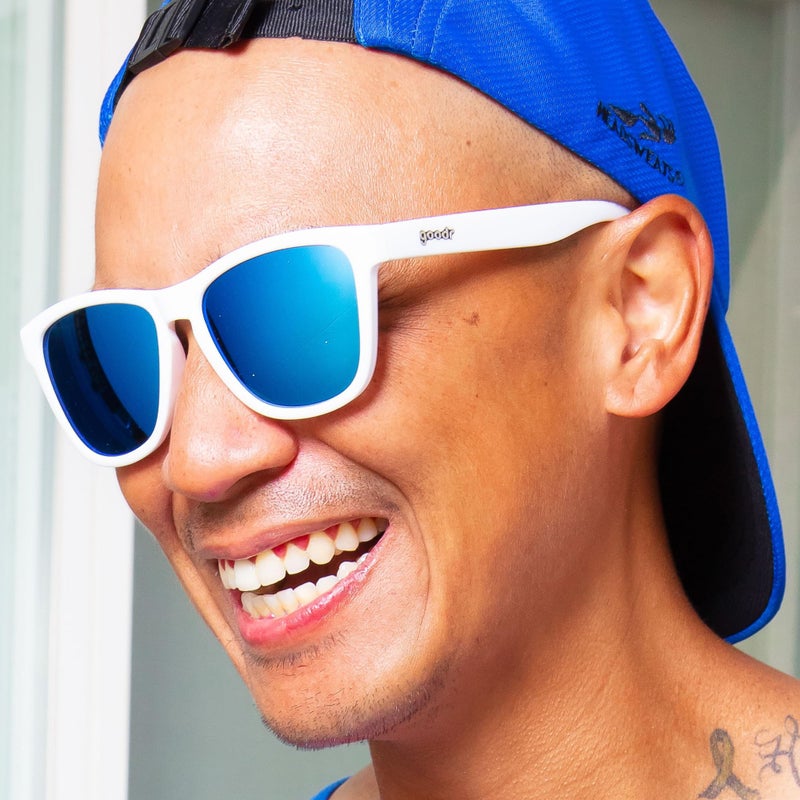 goodr Iced By Yetis Polarized Sunglasses, Medium Sized (OG), White Solid Frame with Blue Mirrored Reflective Lens, UV400 Protection, No Slip, No Bounce - Image 5