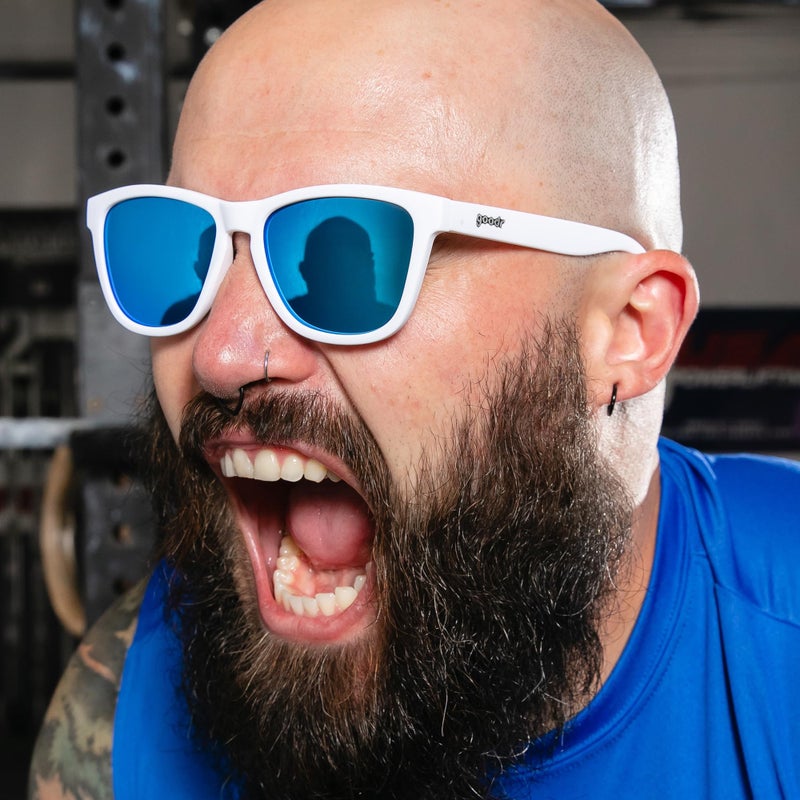 goodr Iced By Yetis Polarized Sunglasses, Medium Sized (OG), White Solid Frame with Blue Mirrored Reflective Lens, UV400 Protection, No Slip, No Bounce - Image 4