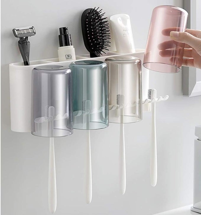 TOOTHBRUSH HOLDER WALL MOUNTED MULTIFUNCTIONAL TOOTHBRUSH HOLDER FOR BATHROOM SPACESAVING WITH DUSTPROOF COVER 8 TOOTHBRUSH SLOTS AND ABS 4CUPS BPAFREE WATERPROOF MOISTUREPROOF MULTI