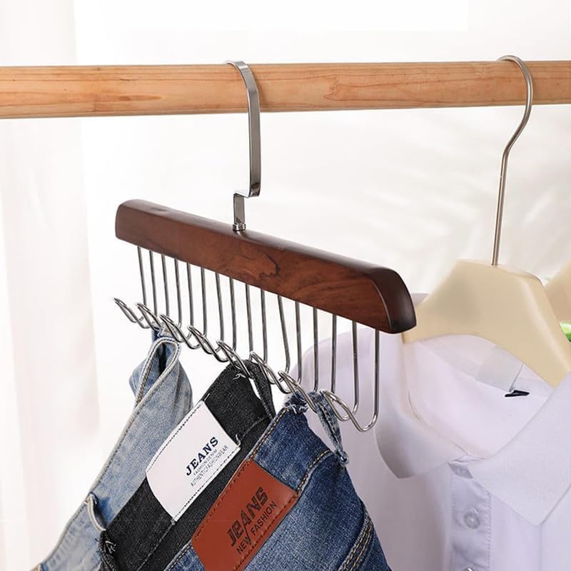 MosQuick® Tie Hanger with 8 Hanger Hooks Hangers for Clothes Hanging Scarf Bra Organiser Wooden Hangers for Wardrobe Multipurpose Cloth Hanger Belt Hangers for Wardrobe Cupboard Organizer Brown - Image 4