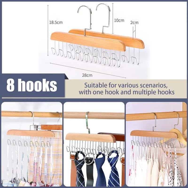 MosQuick® Tie Hanger with 8 Hanger Hooks Hangers for Clothes Hanging Scarf Bra Organiser Wooden Hangers for Wardrobe Multipurpose Cloth Hanger Belt Hangers for Wardrobe Cupboard Organizer Brown - Image 2