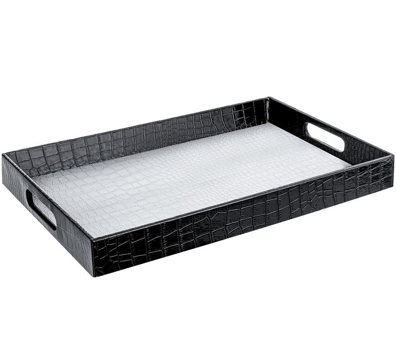 Home Redefined 18x12 Silver Black Glossy Crocodile Faux Leather Serving Tray Beautiful Modern Elegant Decorative Tray with Handles Ottoman Coffee Table Tv Remote Storage for All Occasions