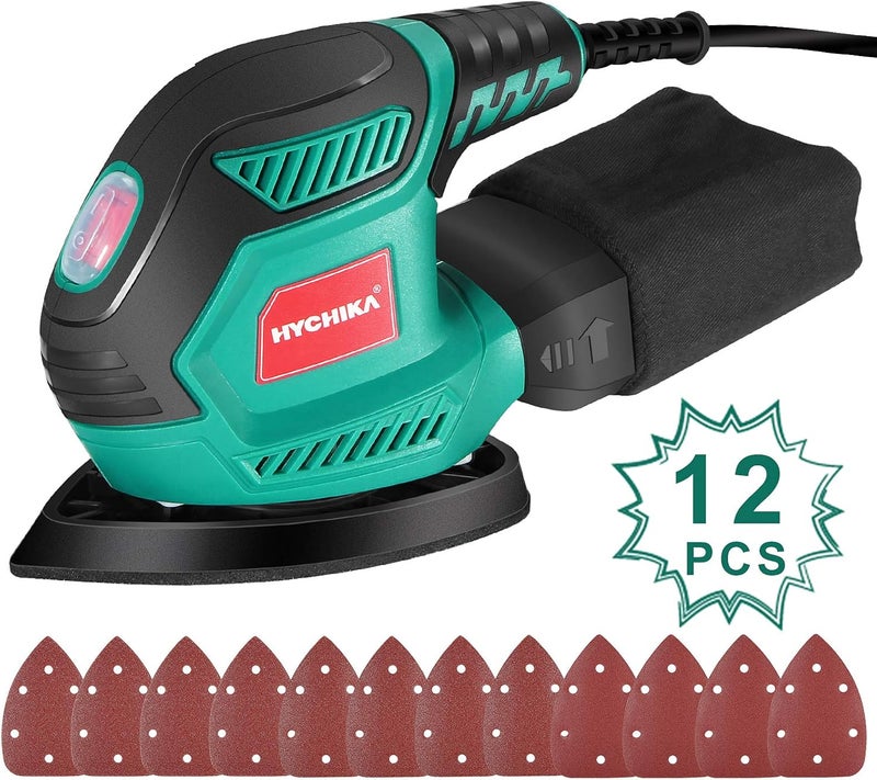 hychika صنفرة للخشب 200 واط، HYCHIKA صنفرة كهربائية مع مجمع غبار، 12 قطعة من ورق الصنفرة (140 × 140 × 90 مم)، 14000 دورة في الدقيقة، صنفرة كهربائية مدمجة مثالية للصنفرة في المساحات الضيقة وتشطيب الأثاث - Image 1