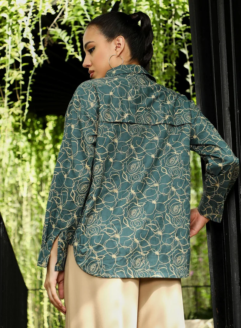 Pinacolada  Women's Sacramento Green Roses-Jacquard Curved Shirt for Women | Best Price UAE