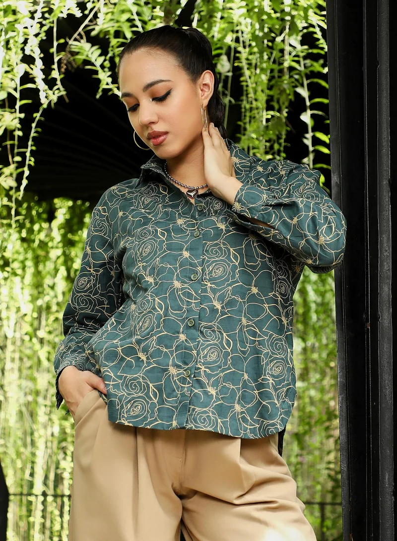 Pinacolada  Women's Sacramento Green Roses-Jacquard Curved Shirt for Women | Best Price UAE