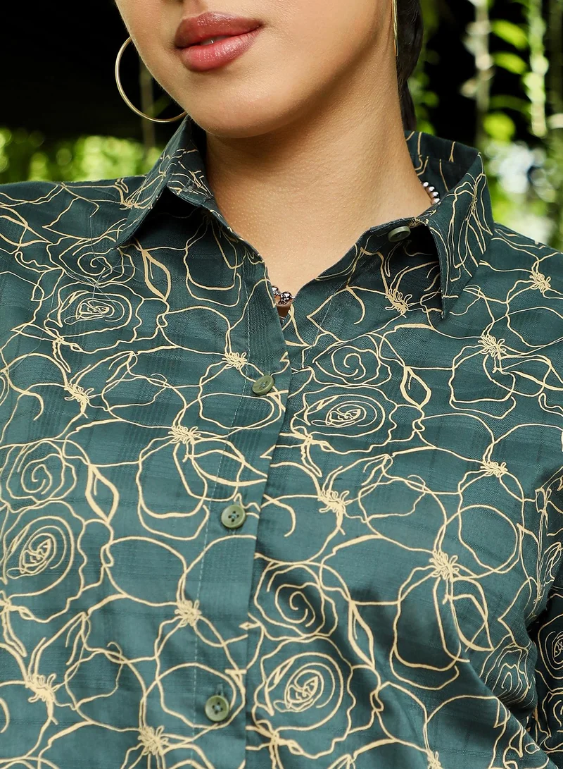 Pinacolada  Women's Sacramento Green Roses-Jacquard Curved Shirt for Women | Best Price UAE