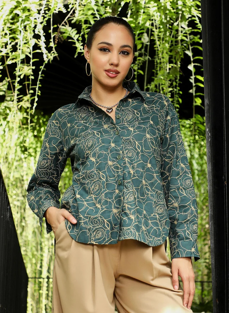 بينيا كولادا Women's Sacramento Green Roses-Jacquard Curved Shirt