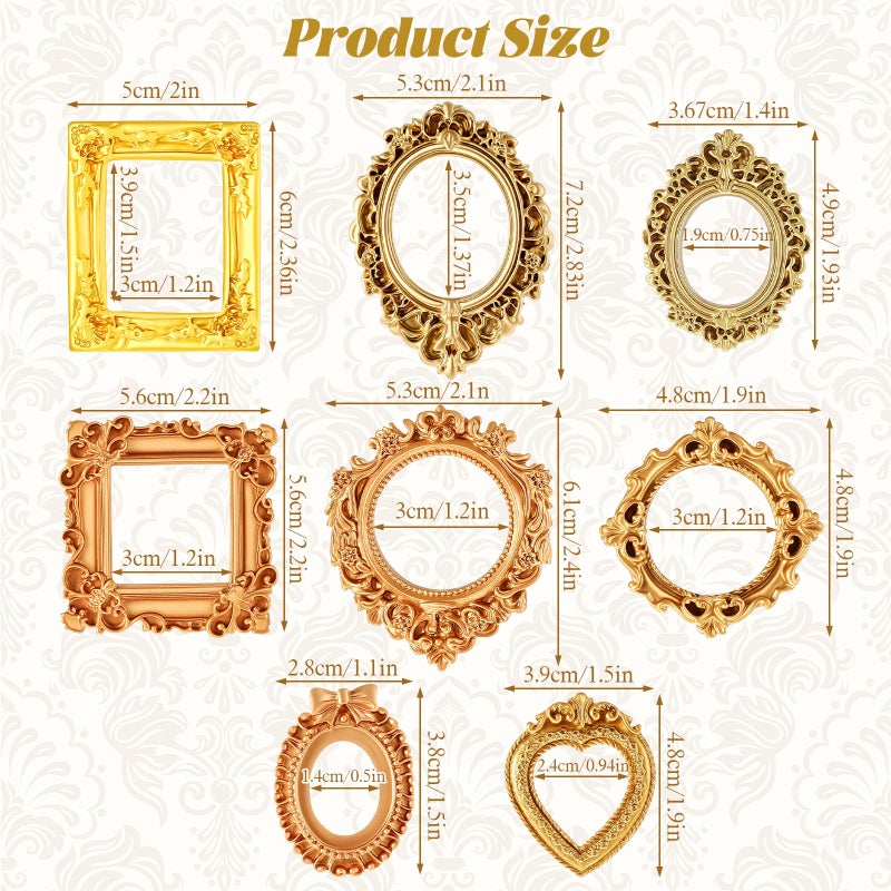 Ajcotahm 8 Pcs Mini Vintage Frames, Mini Gold Picture Frames Small Antique Photo Frame Ornaments for DIY Jewelry Display Christmas Wedding Holiday Party Home Hotel Decor - Image 2