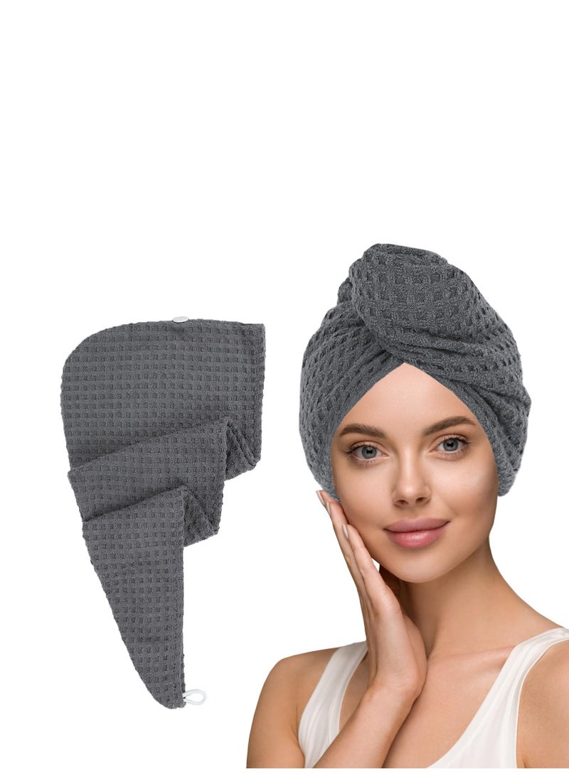 MaopaoBeauty - Hair Towel Terry Cloth Absorbent Dry Anti Frizz Twist Plopping Curly Shower for Women Wet Hair 1Pack Grey Waffle Long Hair Head Wraps Quick Dry Hair Drying Towels Button - Image 1
