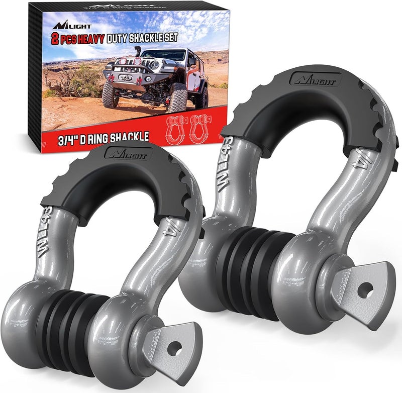 Nilight 2 Pack 3/4" D-Ring Shackle with 7/8" Screw Pin 41,887lbs Break Strength, Heavy Duty Off Road Recovery Shackle with Isolators Washers for Use with Tow Strap, Winch, Off-Road Jeep Truck Vehicle - Image 1