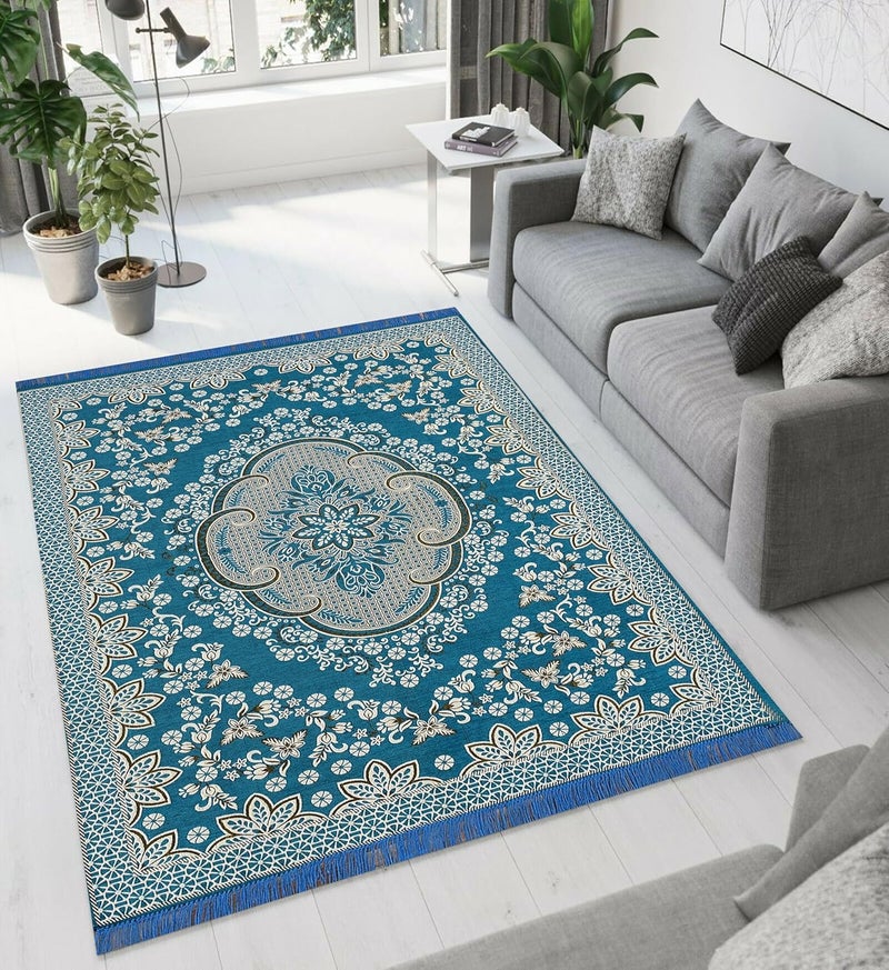 PEPONI Heavy Fabric Velvet Touch Bedroom, Hall, Living Room, Drowing Room, Yoga Hall Designer Velvet Rectangle Carpet |60" Inch X 84" Inch | 5 Feet X 7 Feet I 150 Cm X 210 Cm (Sky Blue, 5/7 Ft) - Image 5