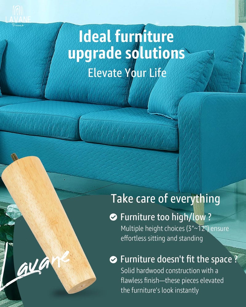 La Vane 8 inch / 20cm Solid Wood Furniture Legs - Tapered Replacement Feet with 5/16 inch Thread & Mounting Plates - Set of 4 for Sofa, Couch, Cabinet, Ottoman - Image 2