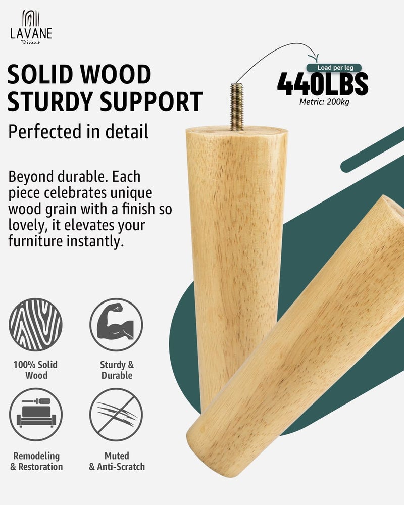 La Vane 8 inch / 20cm Solid Wood Furniture Legs - Tapered Replacement Feet with 5/16 inch Thread & Mounting Plates - Set of 4 for Sofa, Couch, Cabinet, Ottoman - Image 3