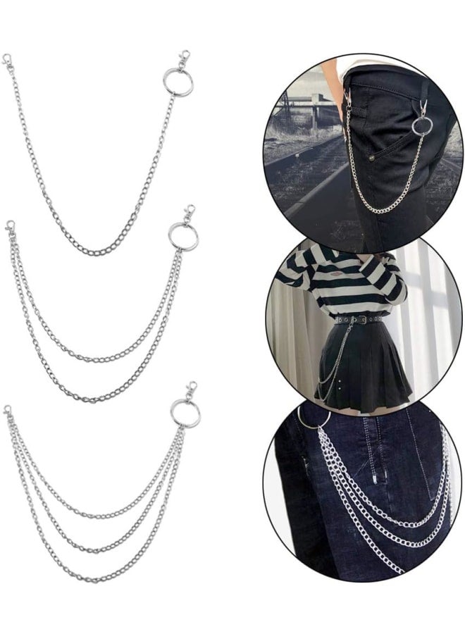 Ceqiny 3pcs Pocket Chain Jeans Chains Women Pants Chain Waist Chain Belt Chains Hip Hop Punk Chain DIY Motorcycle Jean Gothic Rock Key Chain with Lobster Claw Clasp Trigger Snap Hook for Men, Silver - Image 1