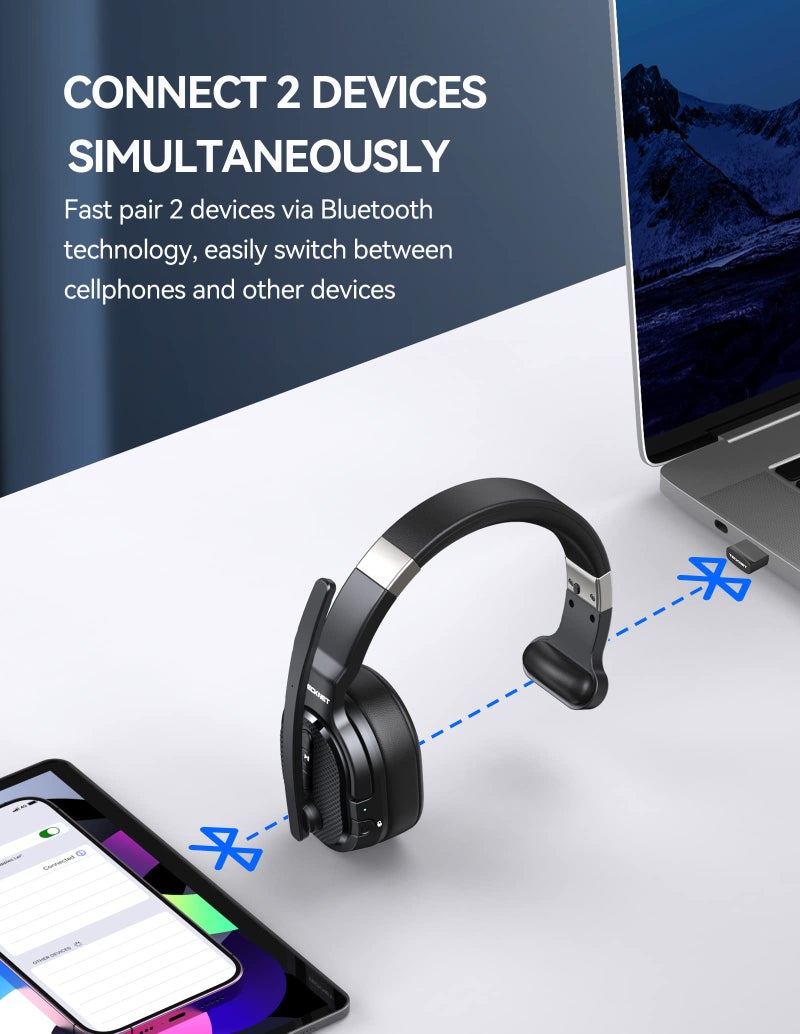 TECKNET Trucker Bluetooth Headset, Stable V5.2 & USB Dongle Connection, 70h Wireless Headsets with Microphone and Mute, ENC Noise Canceling, Work from Home Headset for PC Phone Laptop, Comfort Office - Image 4